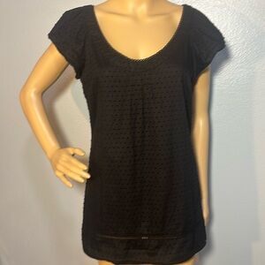 I heart Ronson Black Embroidered Scoop Neck Blouse with Pleated Chest Details
